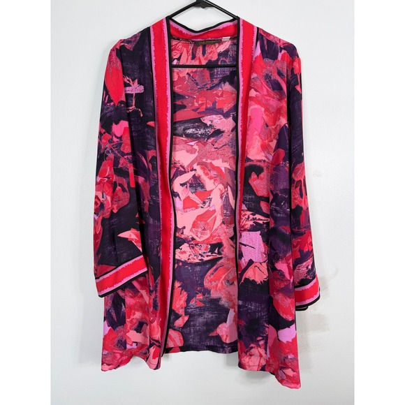 Bob Mackie Sweaters - Bob Mackie Wearable Art Pink Red Purple Abstract Floral Open Front Cardigan XL